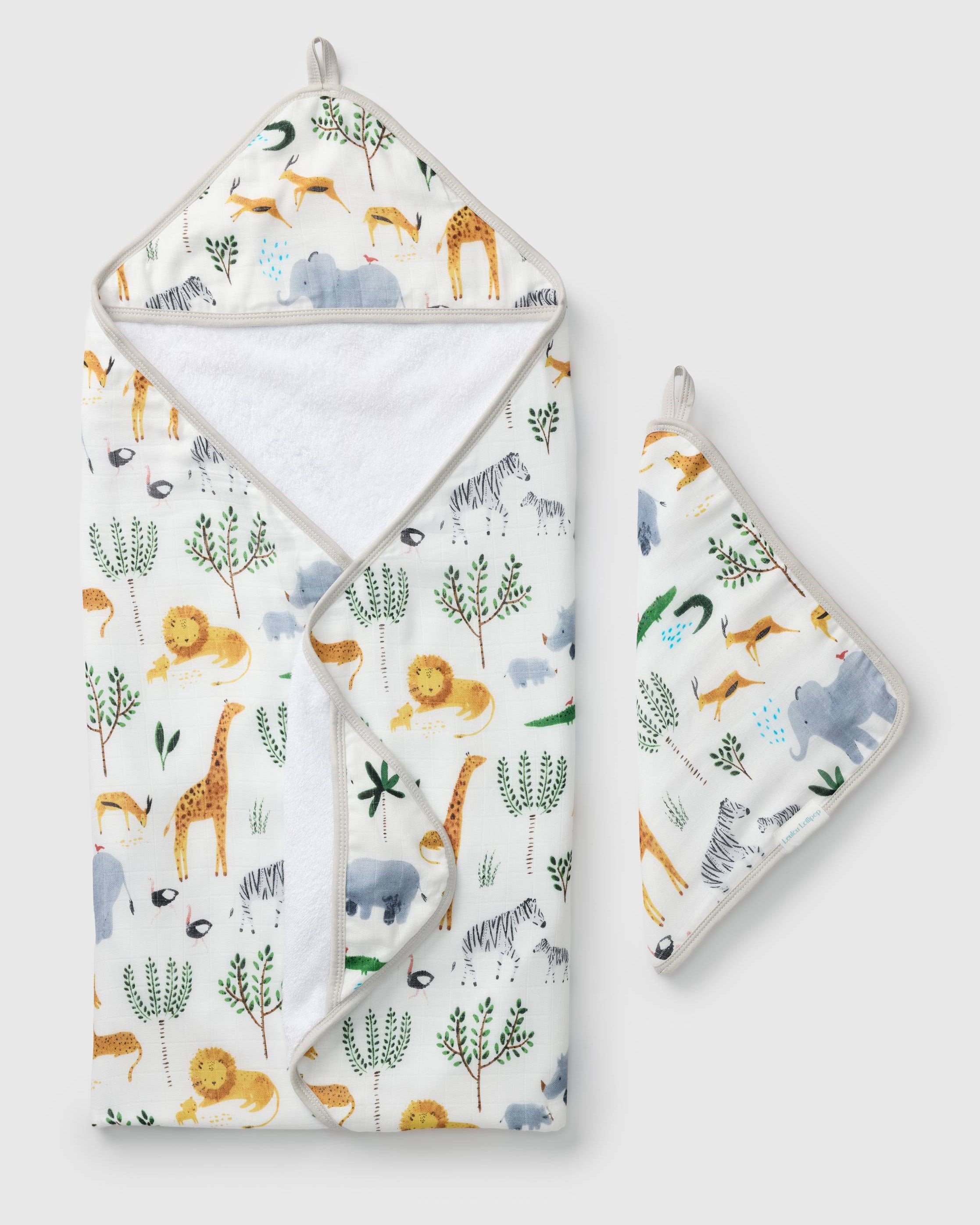 Loulou Lollipop hooded baby towel set in Safari Jungle — front view on white background