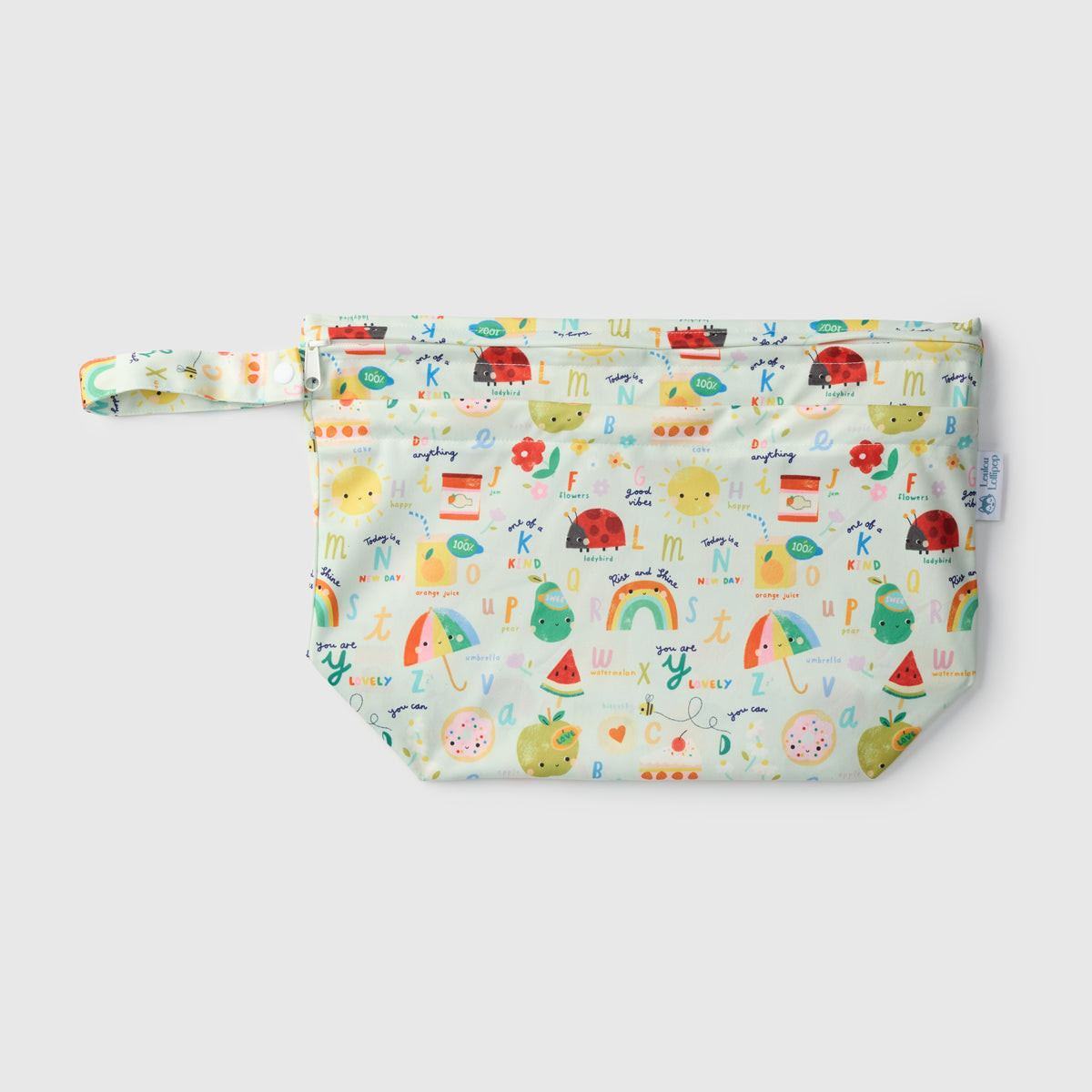 Loulou Lollipop Wet Dry Bag in Alphabet Smiles — front view on white background