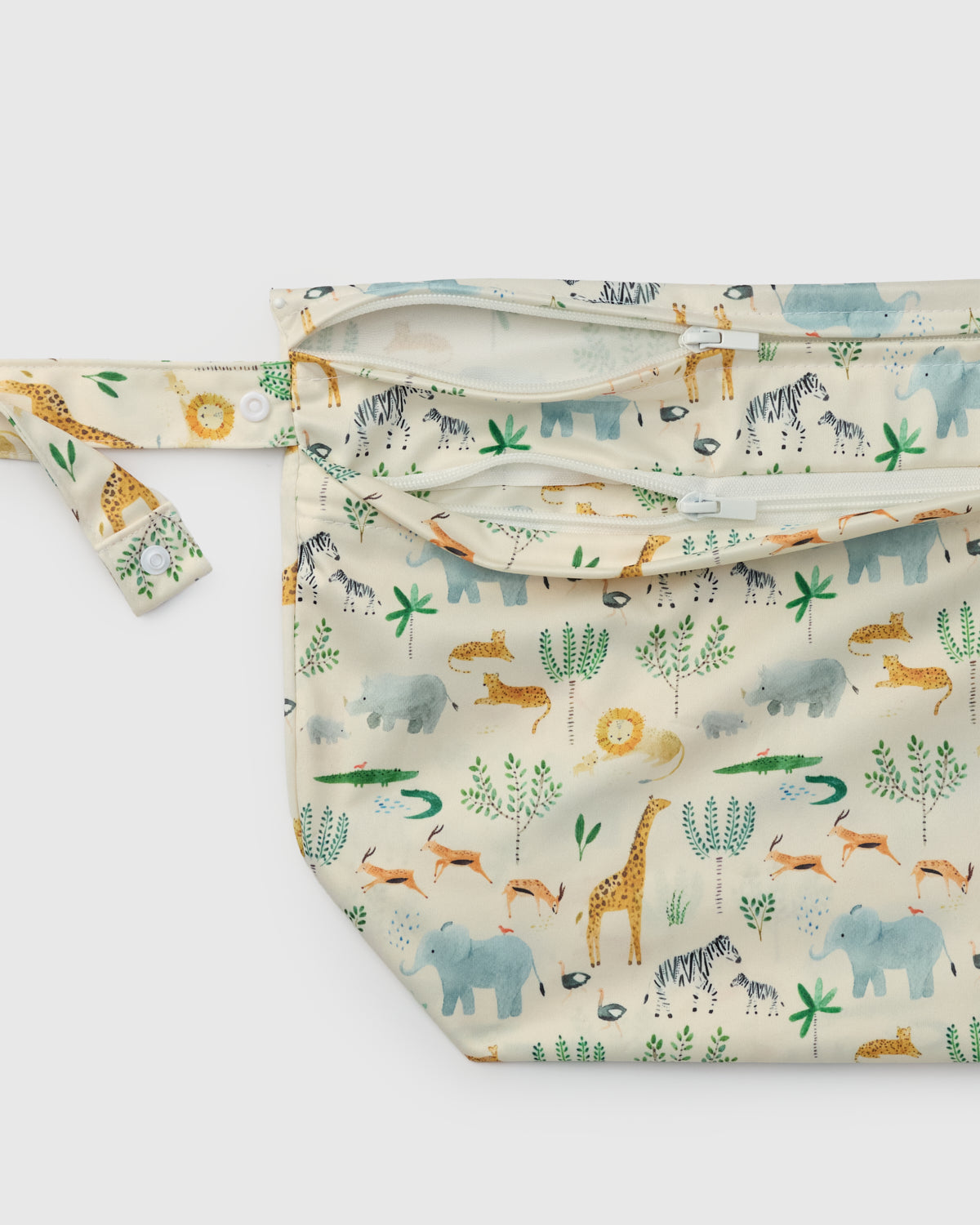 Baby diaper bag with animal pattern on a white background