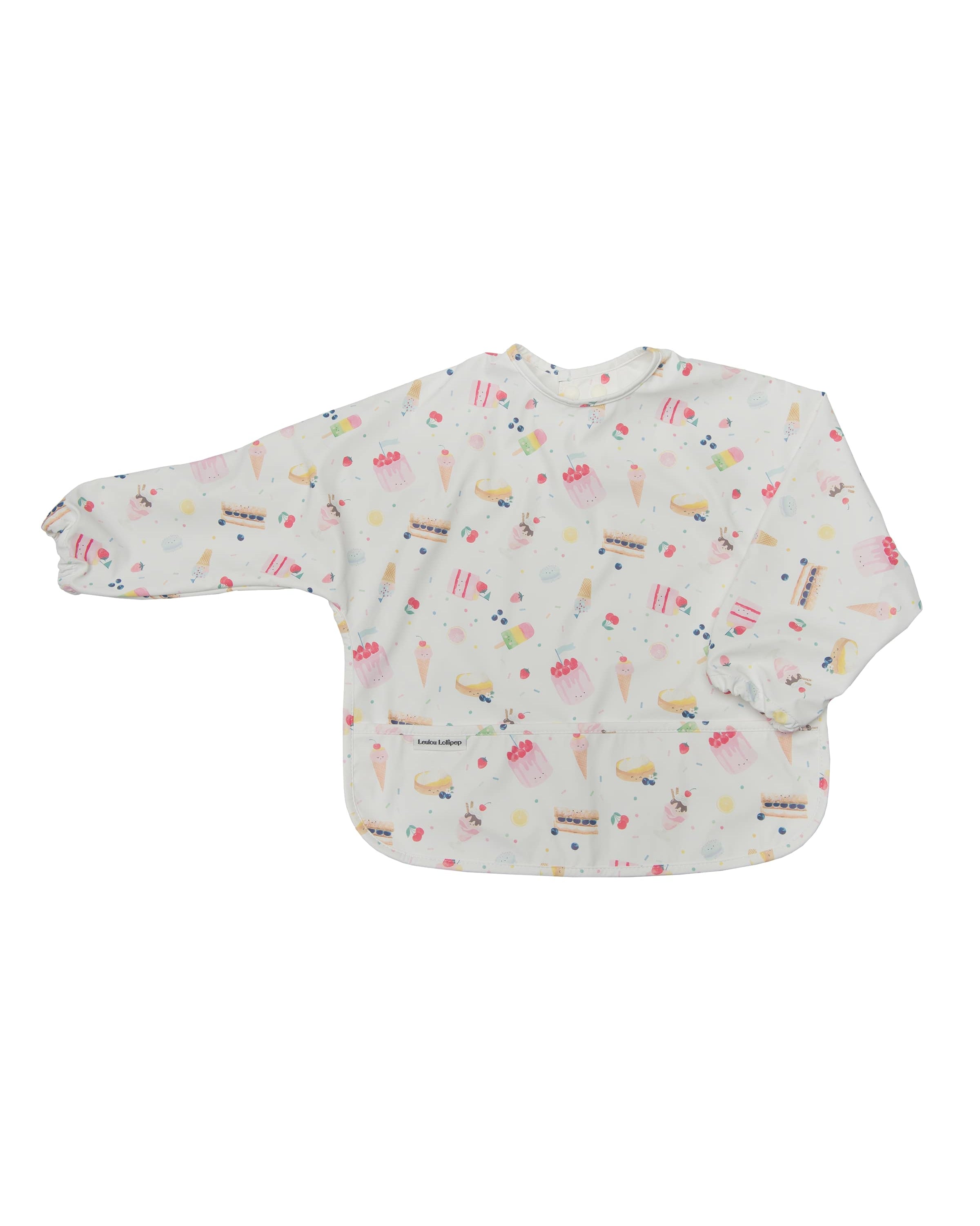 Loulou Lollipop Long Sleeve Bib in Sweet Treats — front view on white background