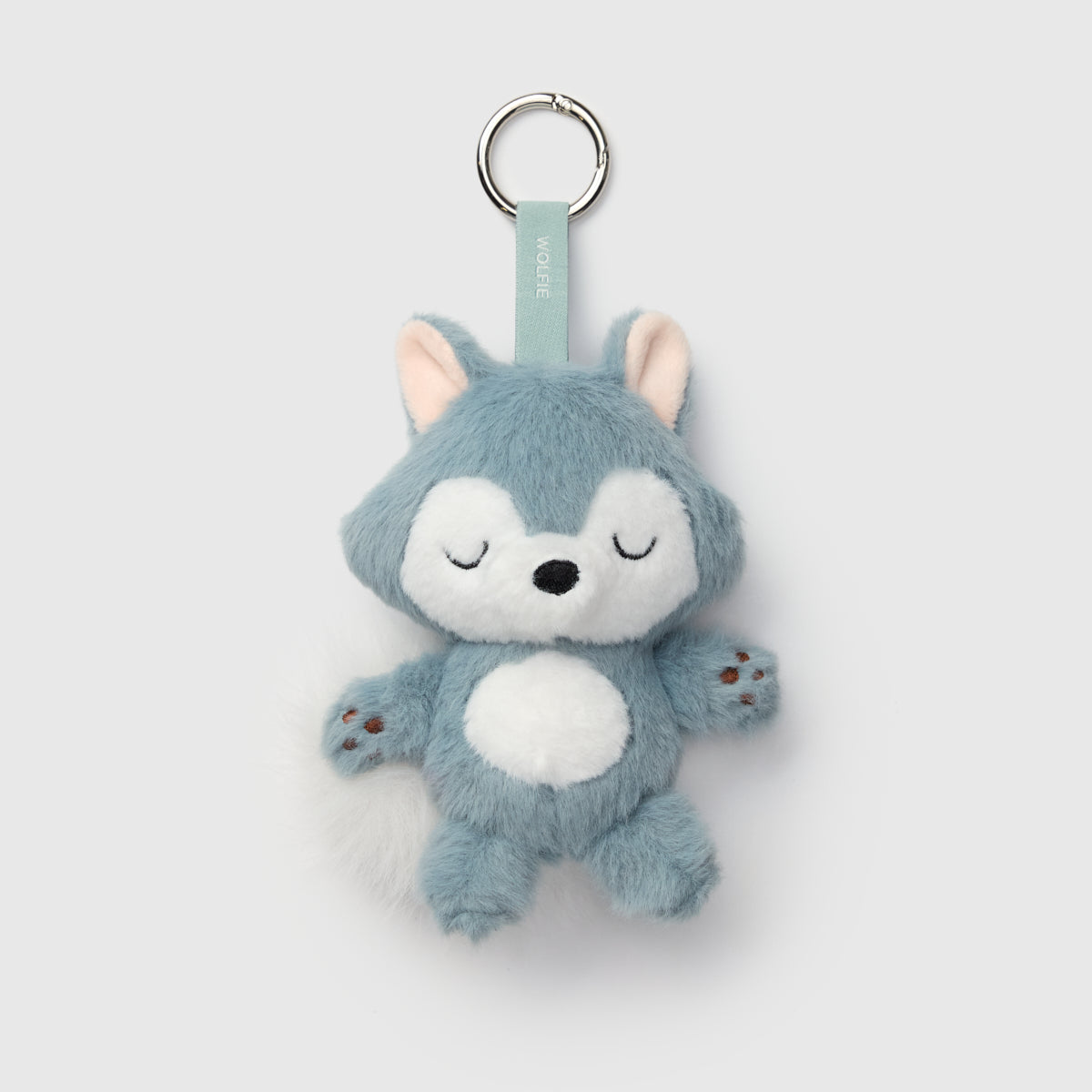 Loulou Lollipop Wolfie Plush Bag Charm in Smoke Blue — front view on white background