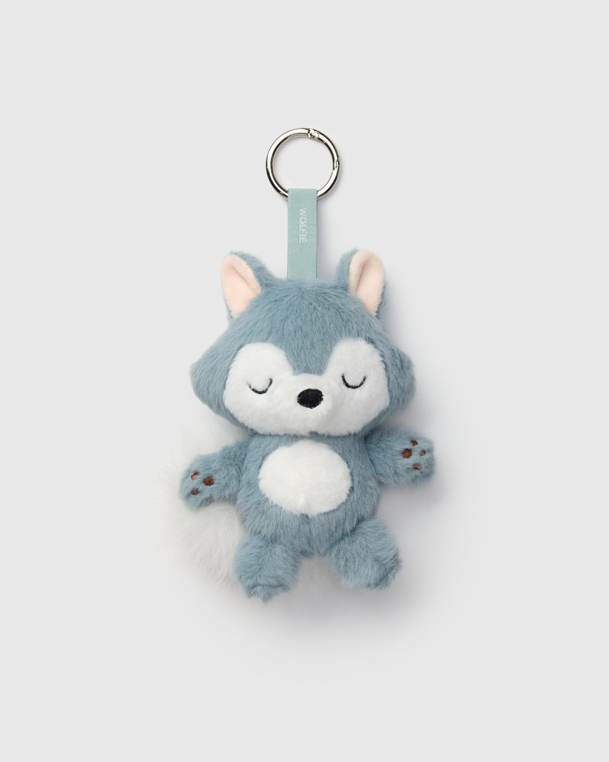 Loulou Lollipop Wolfie Plush Bag Charm in Smoke Blue — front view on white background