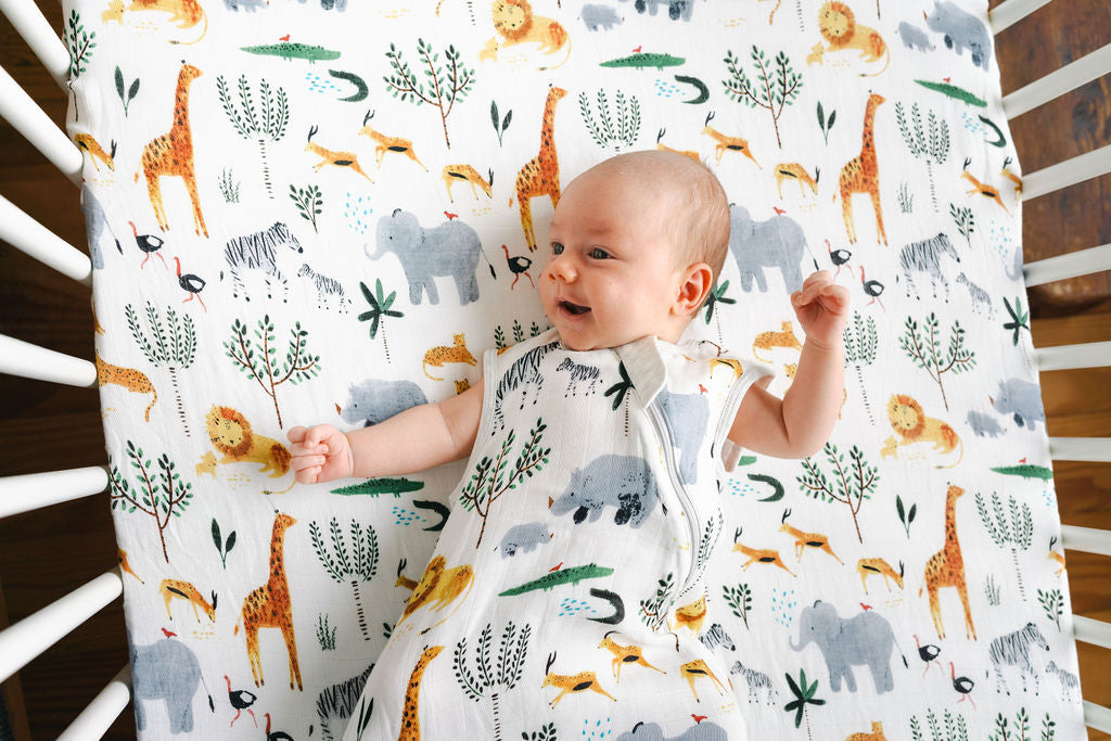 Muslin Fitted Crib Sheet Close Up - Safari Jungle
