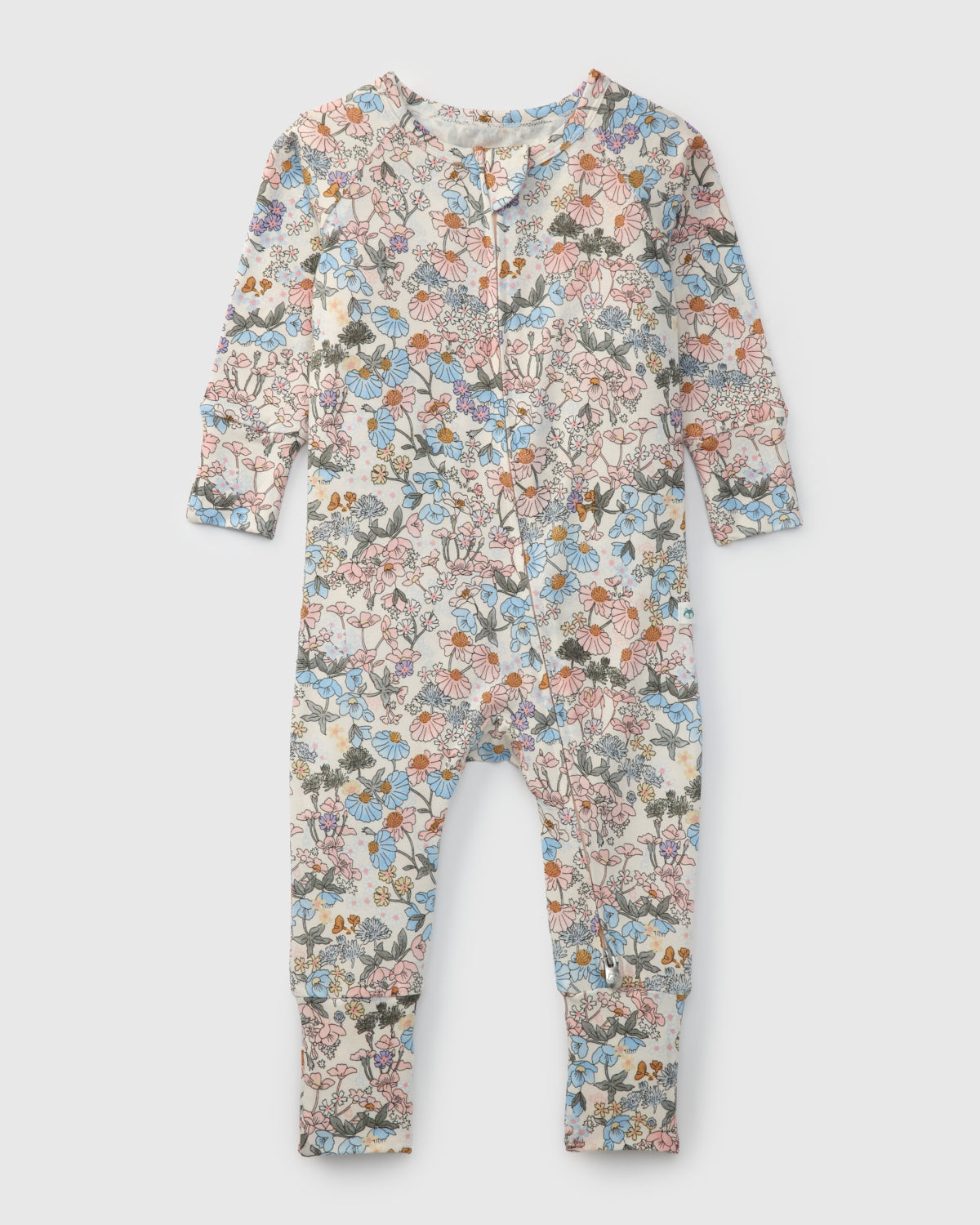 Floral patterned onesie sleeper on a white background