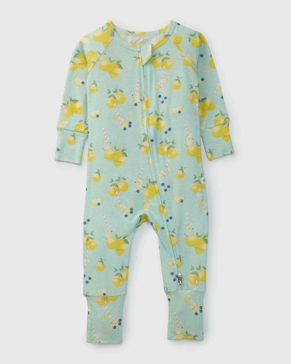 Baby onesie with lemon pattern on a light blue background