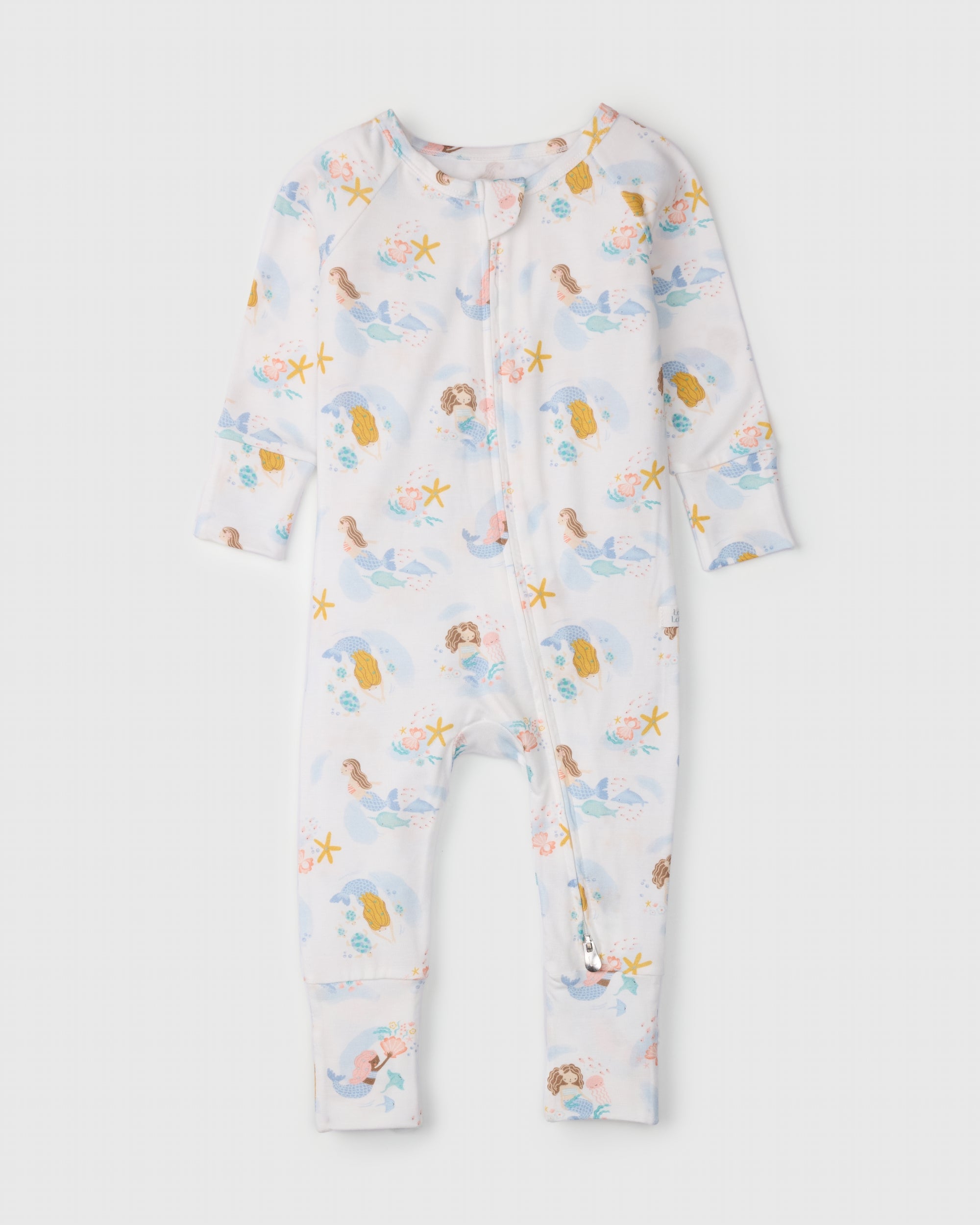 Loulou Lollipop TENCEL baby sleeper footie pajamas in Mermaids — front view on white background