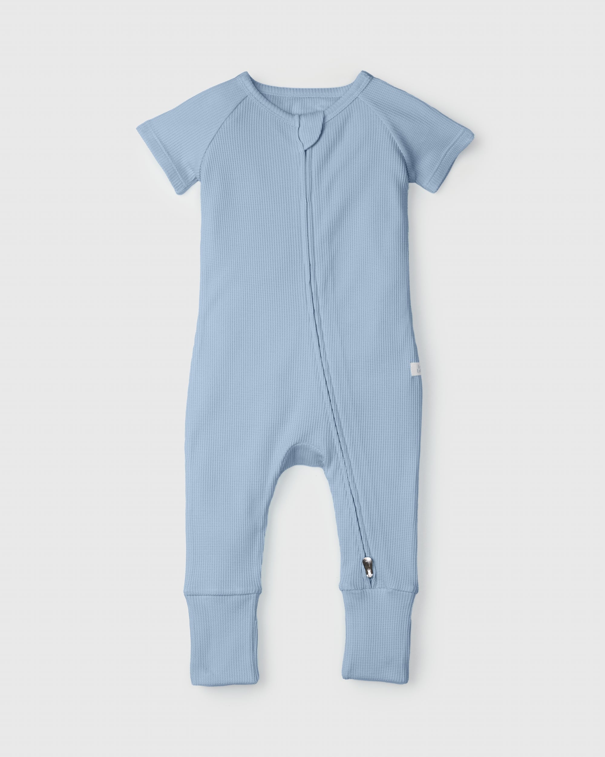 Waffle Short Sleeve Zipped Romper - Blue Fog