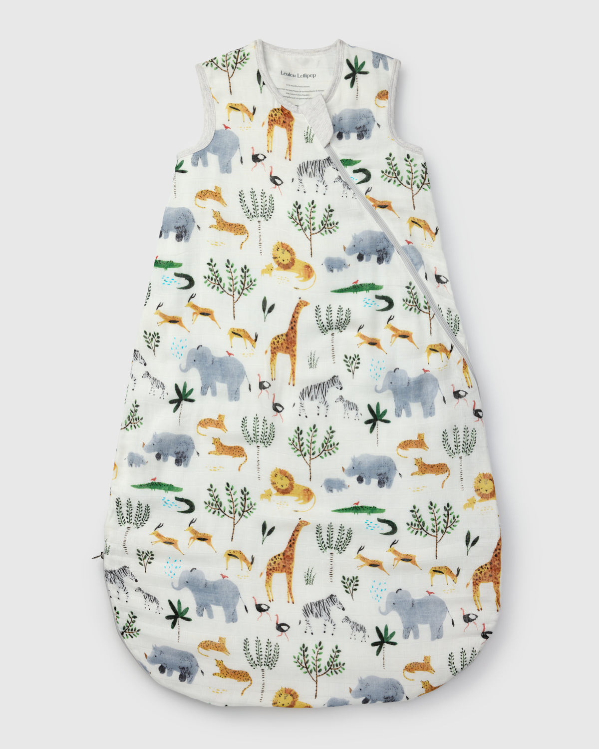 Loulou Lollipop muslin 0.5 TOG lightweight baby sleep bag in Safari Jungle — front view on white background