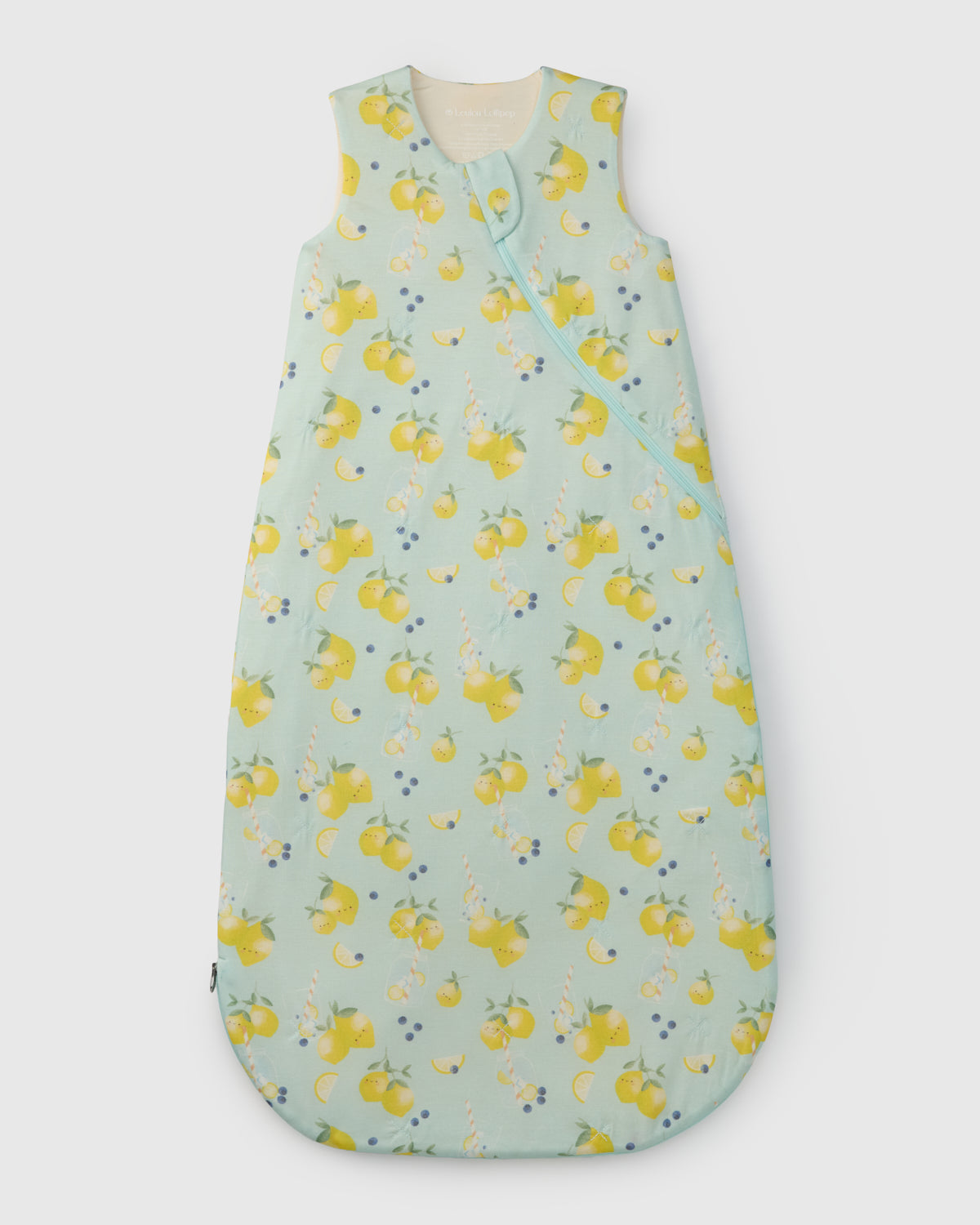 Baby sleeping bag with lemon pattern on a light blue background