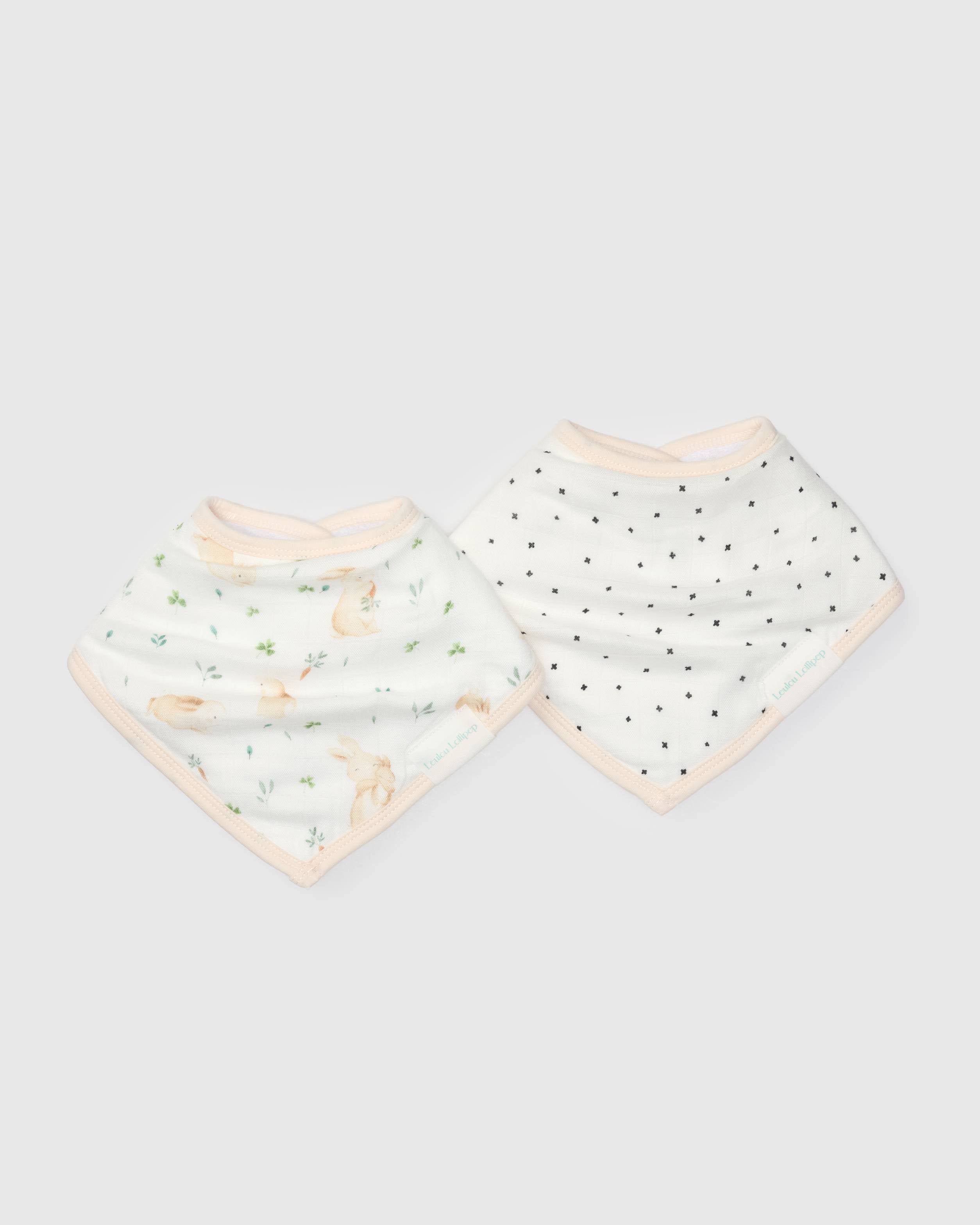 Loulou Lollipop bandana bib set 2-pack in Bunny Meadow — front view on white background
