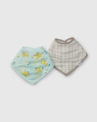Two baby bibs, one with lemon pattern and one with checkered pattern, on a light gray background.