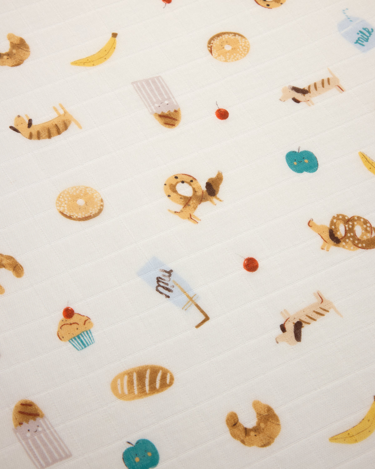 Pattern of various food items on a white background