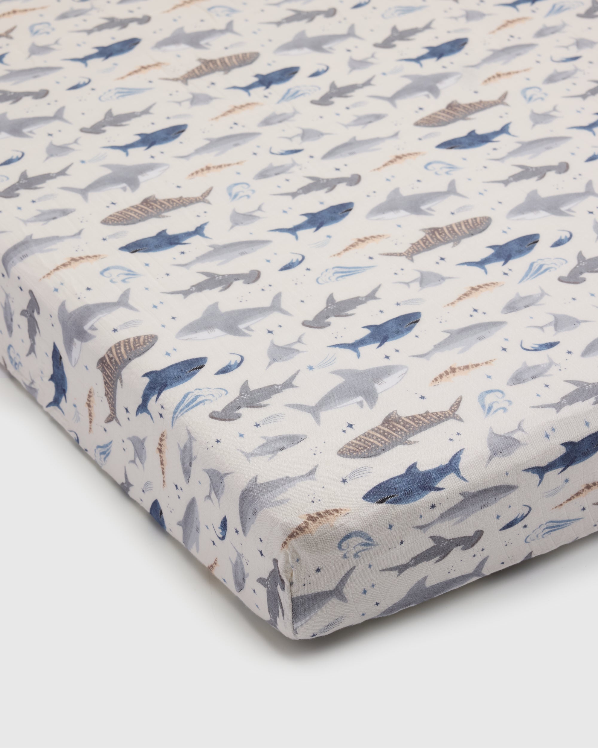 Muslin Fitted Crib Sheet - Smiley Sharks