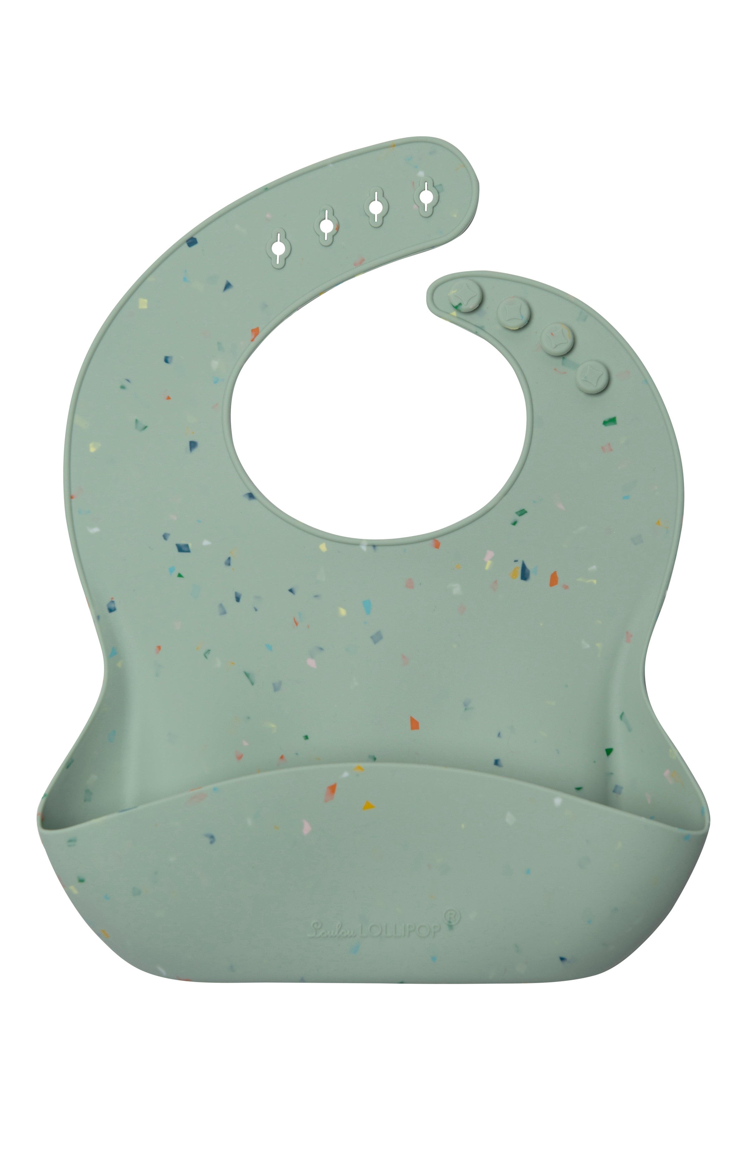 Loulou Lollipop FDA-compliant food-grade silicone baby bib in Confetti Seafoam — front view on white background