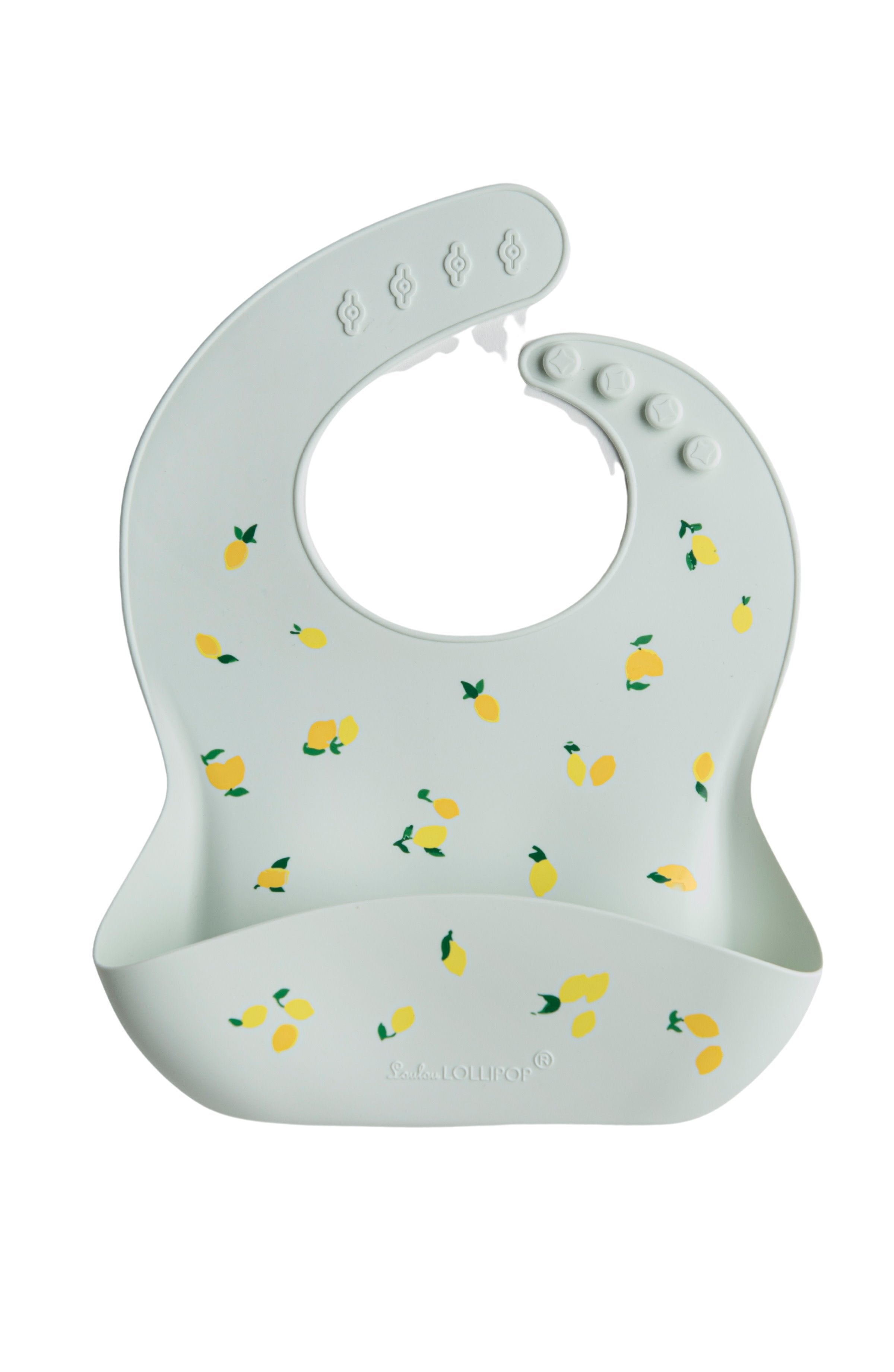 Loulou Lollipop FDA-compliant food-grade silicone baby bib in Lemon — front view on white background