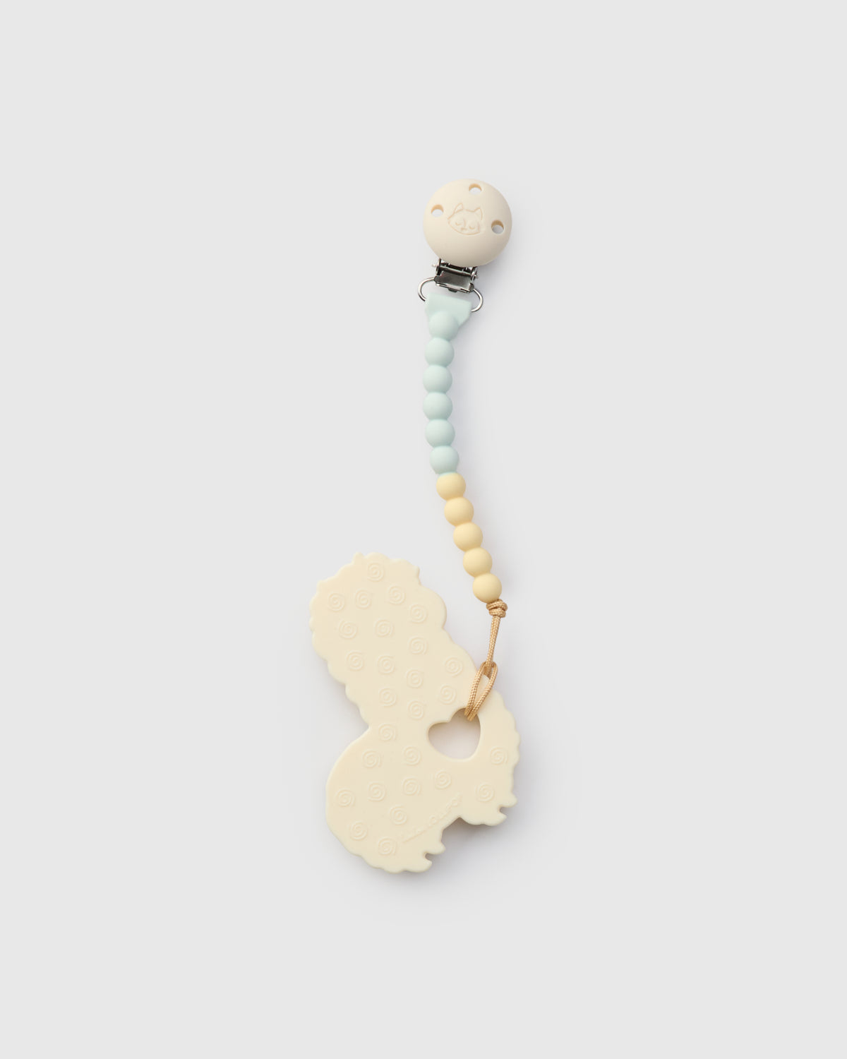 Teething ring with silicone beaded chain on a light gray background