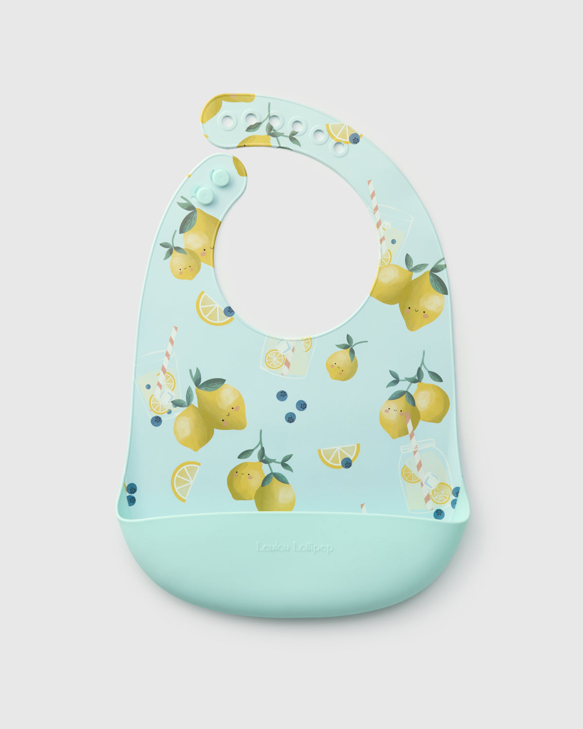 Baby bib with lemon pattern on a light blue background