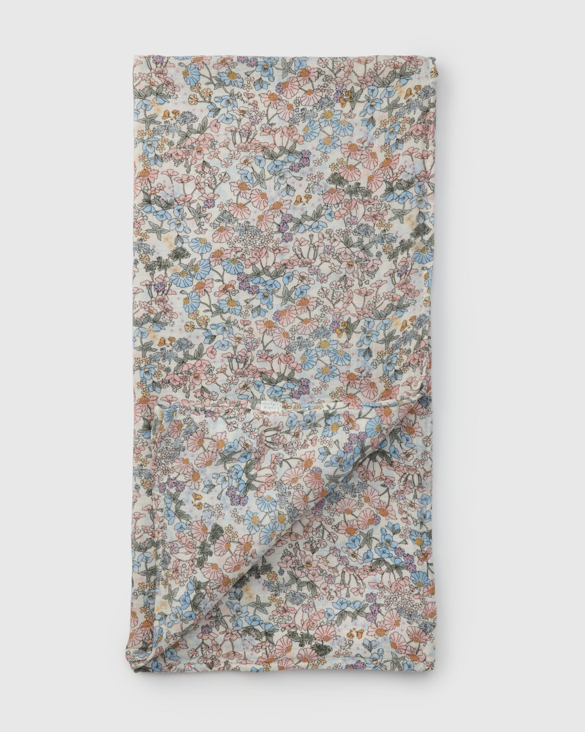Floral-patterned fabric muslin swaddle on a white background