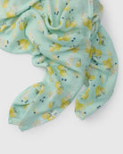 Mint green swaddle blanket with yellow floral pattern on a white background