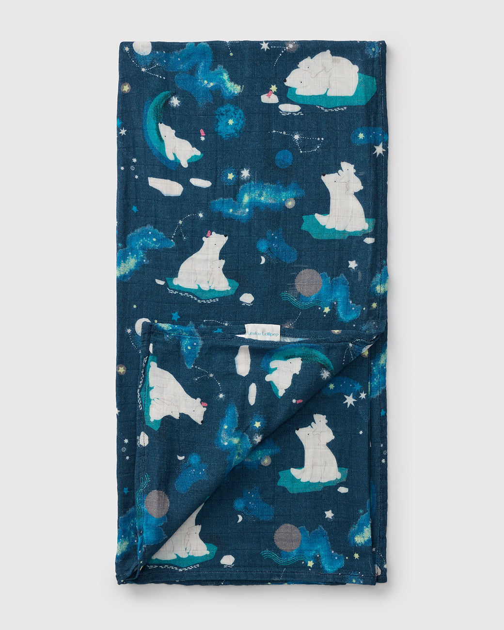 Loulou Lollipop bamboo cotton muslin swaddle blanket in Stargazing Bears — front view on white background