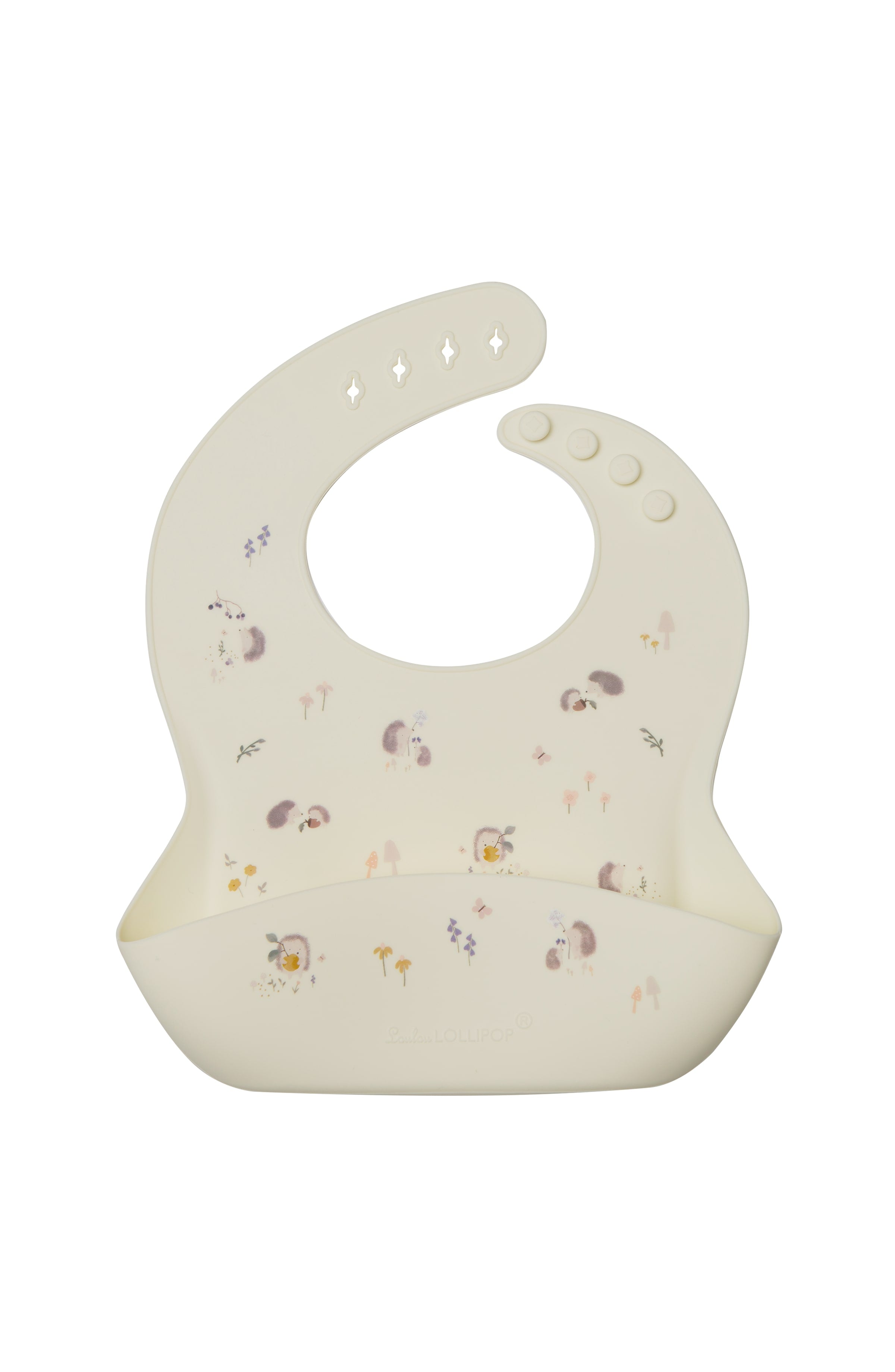 Loulou Lollipop FDA-compliant food-grade silicone baby bib in Hedgehogs — front view on white background