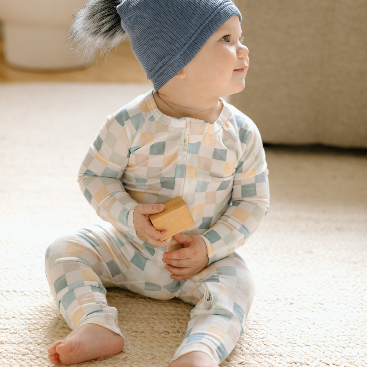 Waffle Pom Pom Hat — Denim Blue