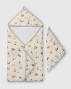 Hooded baby towel with food themed animal pattern on a white background