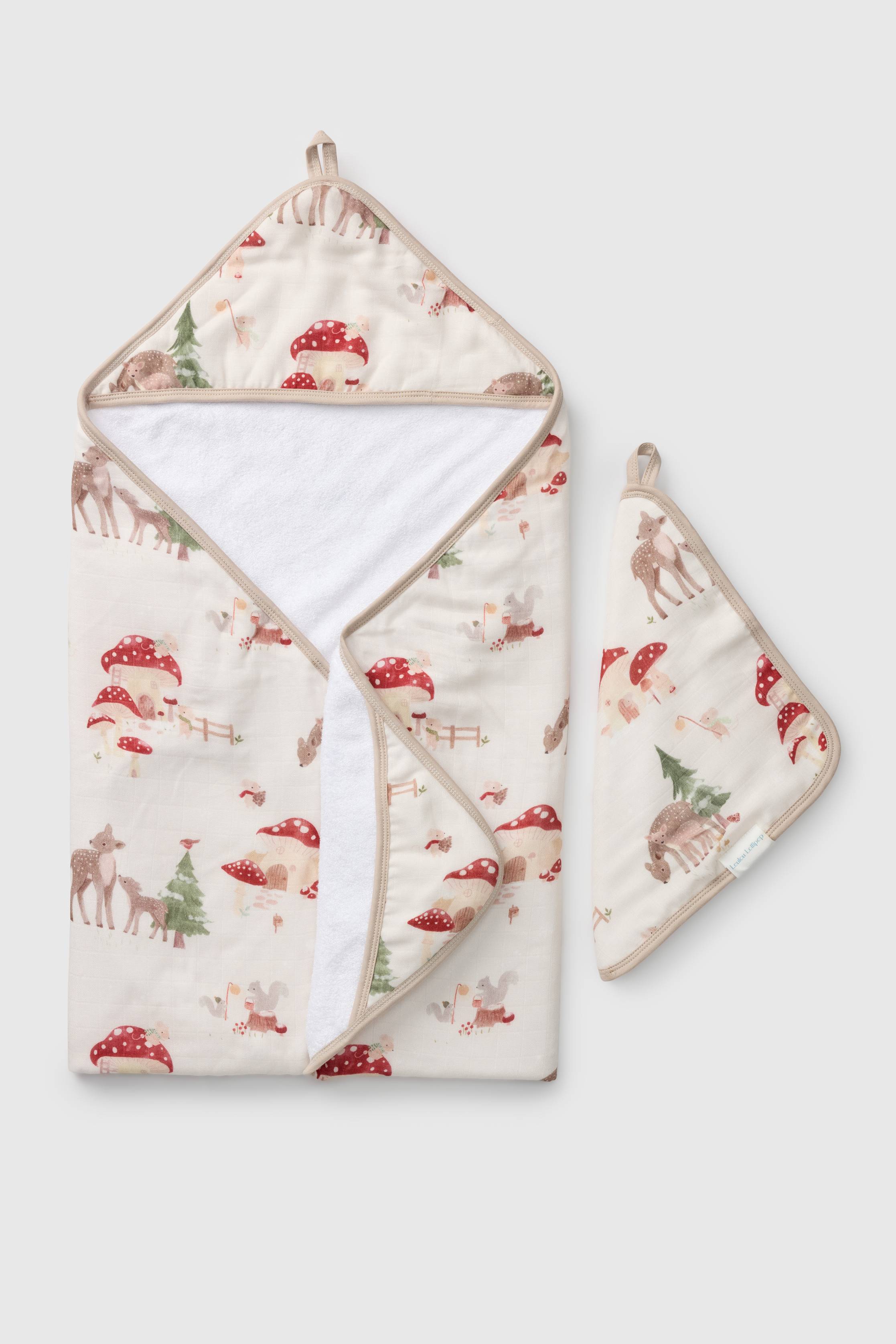 Loulou Lollipop hooded baby towel set in Forest Families — front view on white background