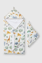 Loulou Lollipop hooded baby towel set in Safari Jungle — front view on white background