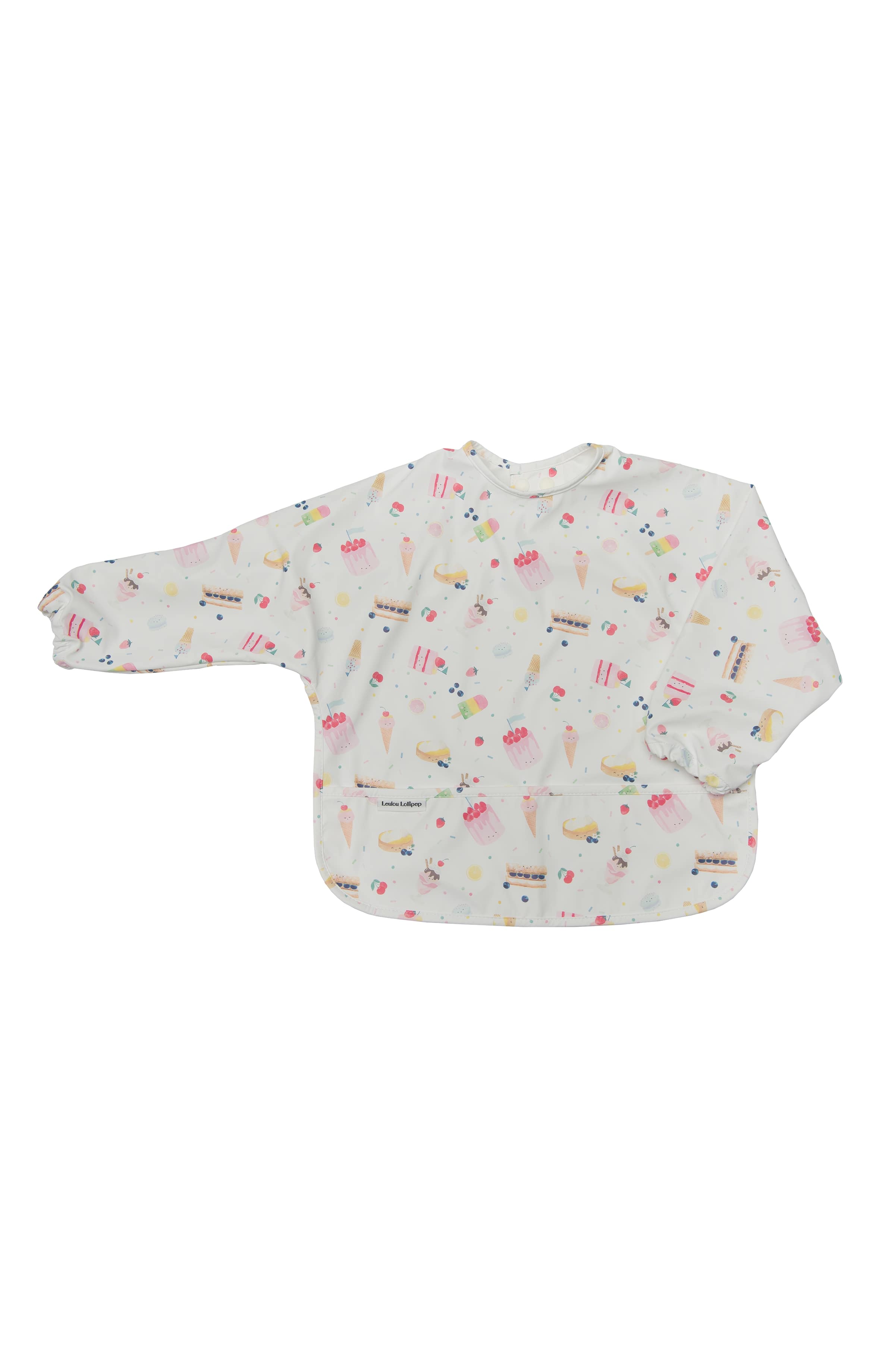 Loulou Lollipop Long Sleeve Bib in Sweet Treats — front view on white background